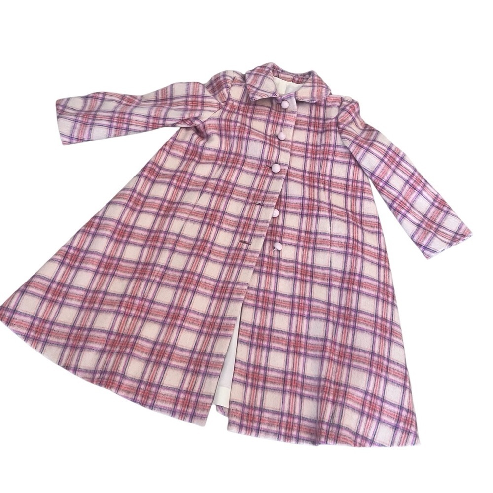 Vintage 1950s Louis Goldstein Plaid Pink Women's Wool Dress Coat Medium - Picture 10 of 16